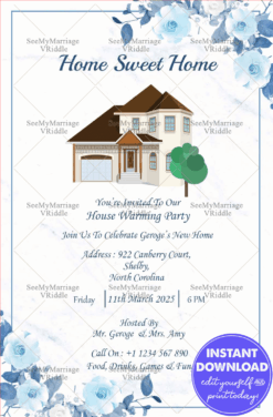 A Sweet Invitation For House Warming Party Of Your Home With Blue Line Frame And Blue Button Roses