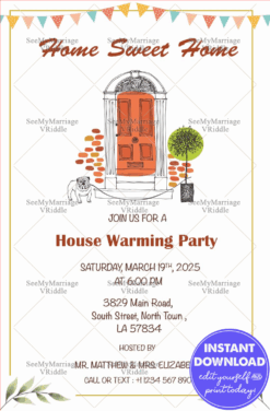 A Warm Welcoming Invitation For House Warming Party Depicting A Puppy Waiting Next To A Simple Doorway