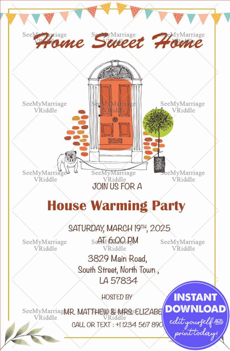 A Warm Welcoming Invitation For House Warming Party Depicting A Puppy Waiting Next To A Simple Doorway