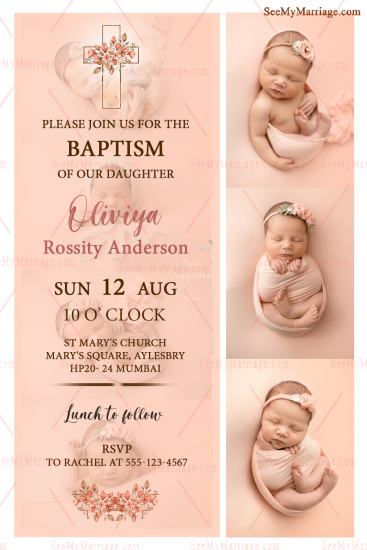 Baptism Invitation Card Peach Theme With Baby Photo Shoot