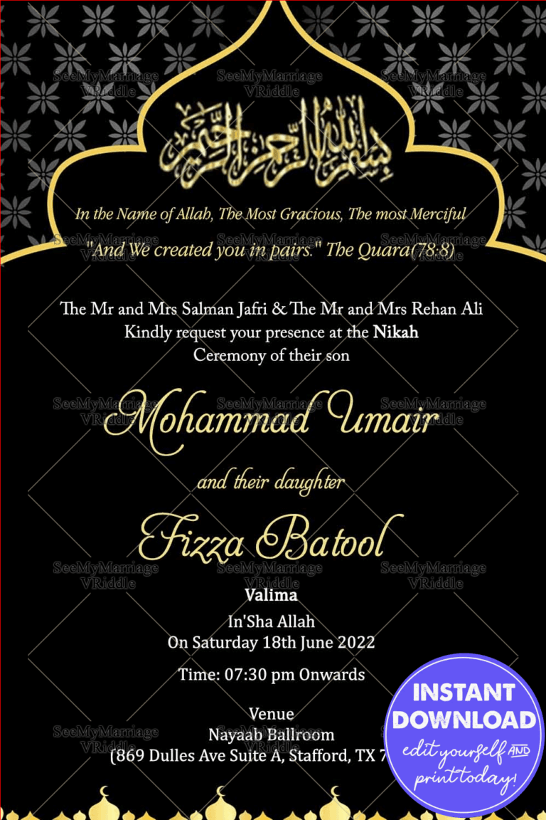 Black &amp; Golden Muslim Nikah Invitation