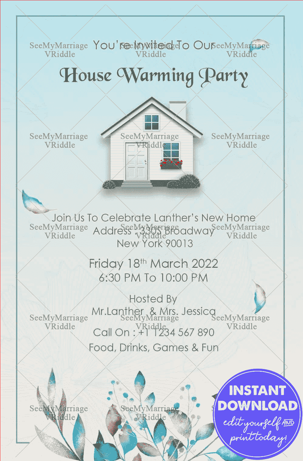 Blue Theme House Warming Invitation With A Cute Cottage And Unique Blue Leaves