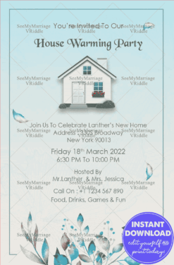 Blue Theme House Warming Invitation With A Cute Cottage And Unique Blue Leaves