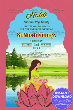 Bride on Lotus Haldi Invitation E Card