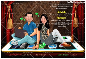 Fun Wedding Invitation With The Caricature Of A Tech Savvy Couple Sitting On An Iphone