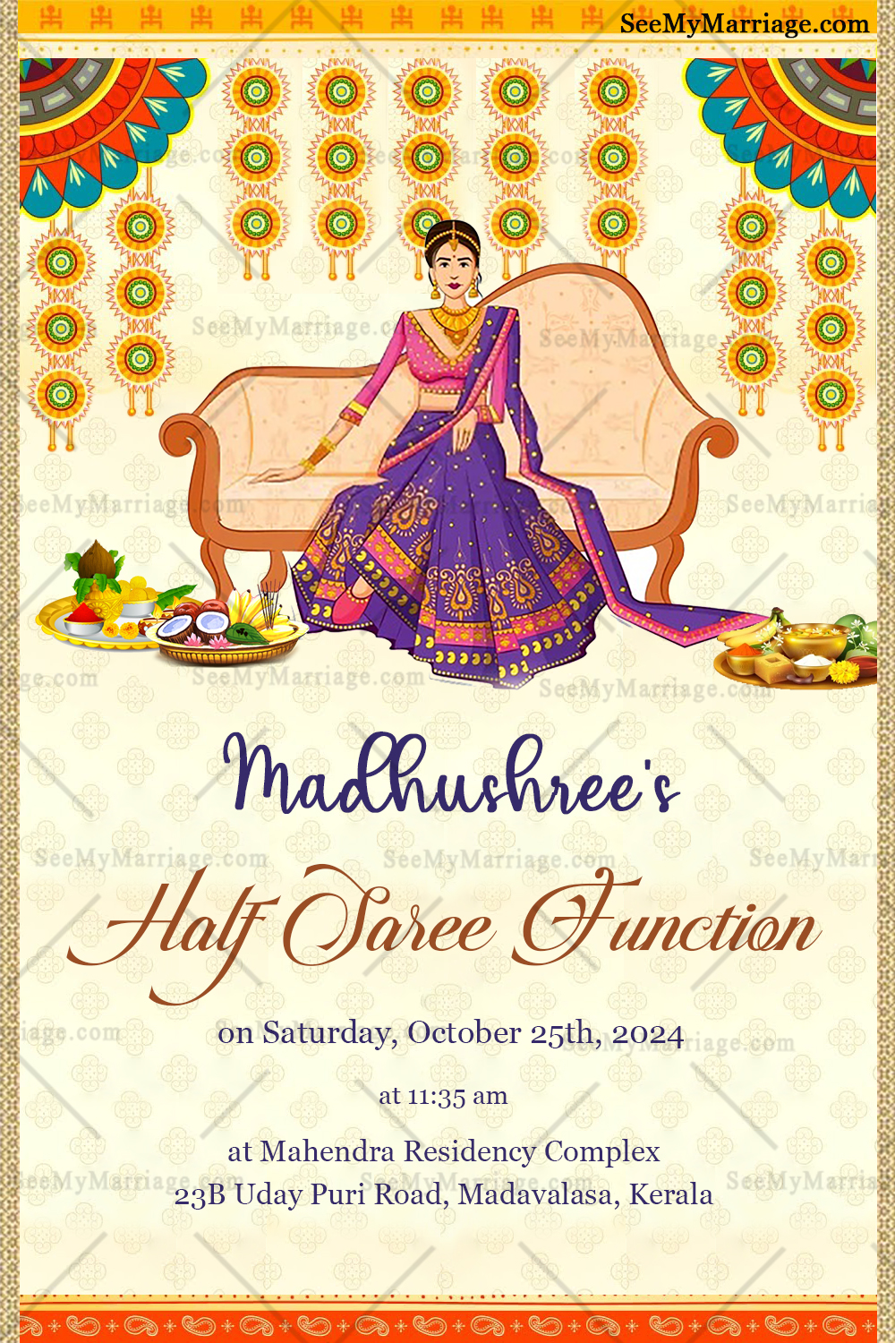 Cartoon theme floral Half Saree Invitation card – SeeMyMarriage