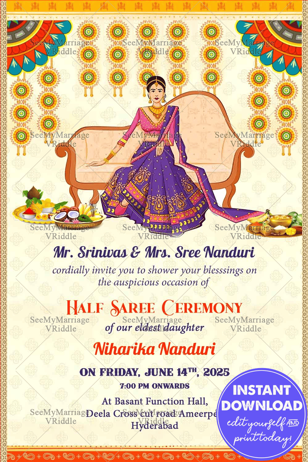 Cartoon theme floral Half Saree Invitation card