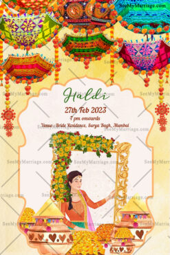Colorful Umbrella Theme Wedding Haldi Ceremony Invitation Card