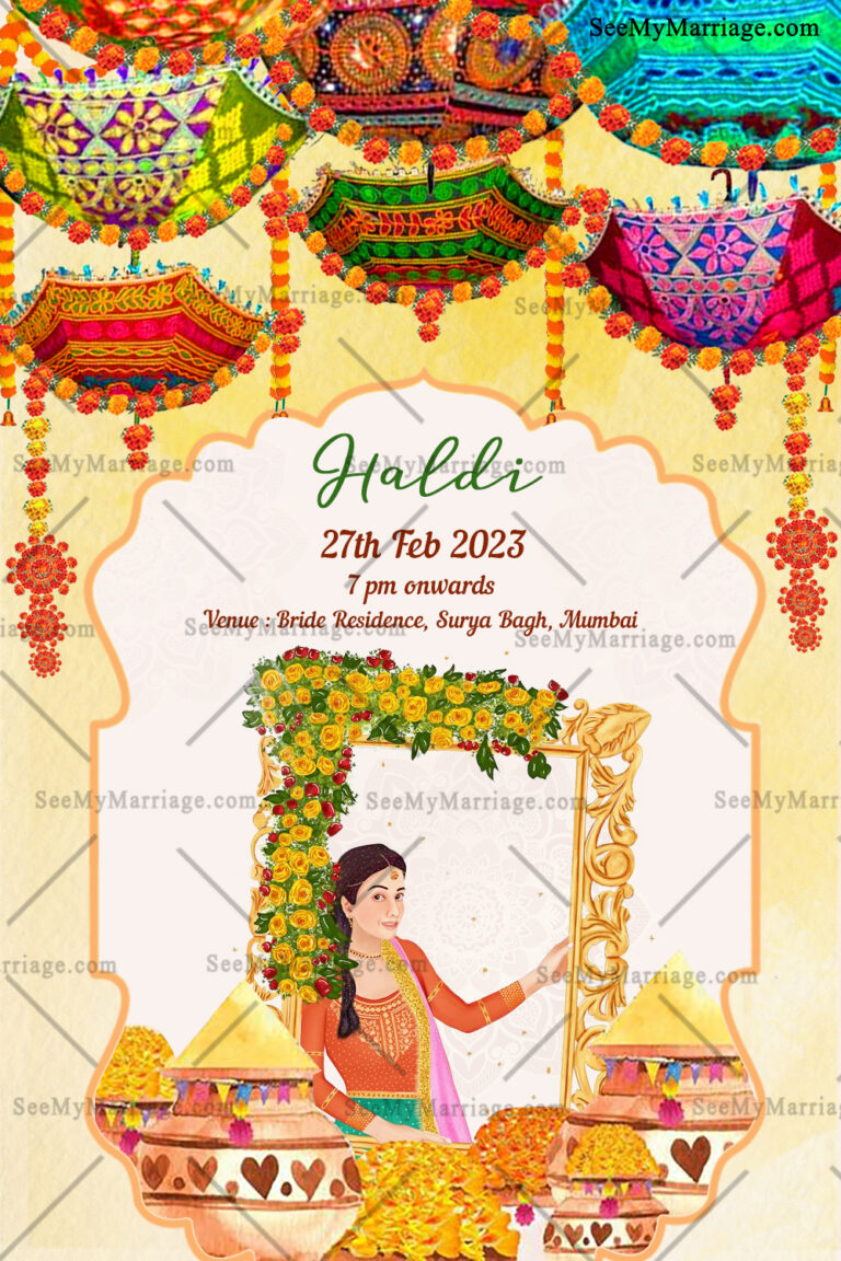 Colorful Umbrella Theme Wedding Haldi Ceremony Invitation Card