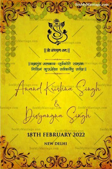 Blessed By Ganesha Yellow Theme Subtle Wedding Invitation With Curly Designs