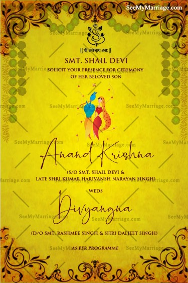 Blessed By Ganesha Yellow Theme Subtle Wedding Invitation With Curly Designs