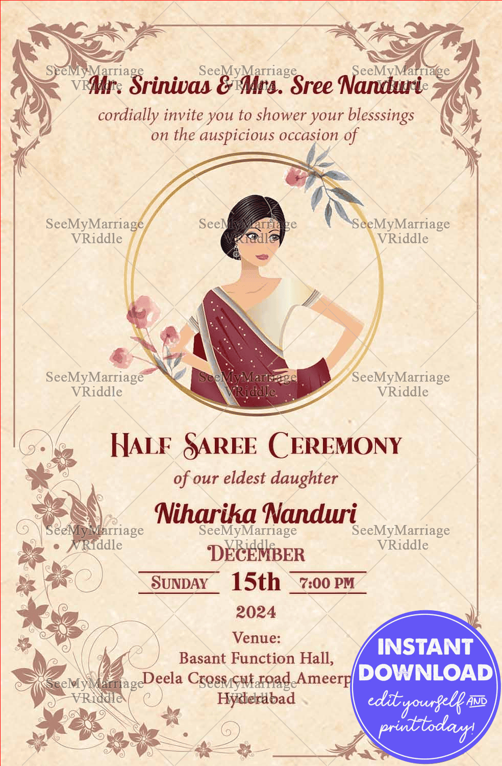Floral Border theme Half Saree Invitation card