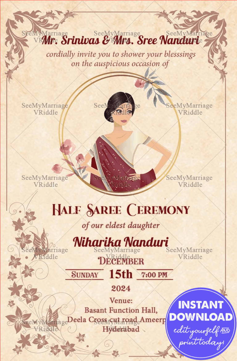 Floral Border theme Half Saree Invitation card
