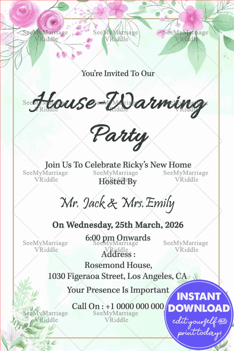 Floral House Warming Party Card In Water Color Theme Painted In Pastel Shades Of Pink Green And Blue