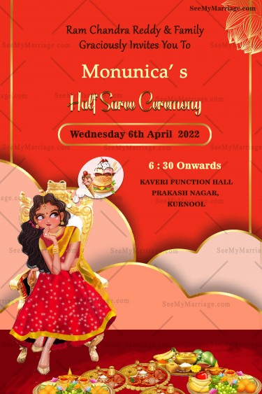 Girl Thinking cartoon theme half saree Invitation card