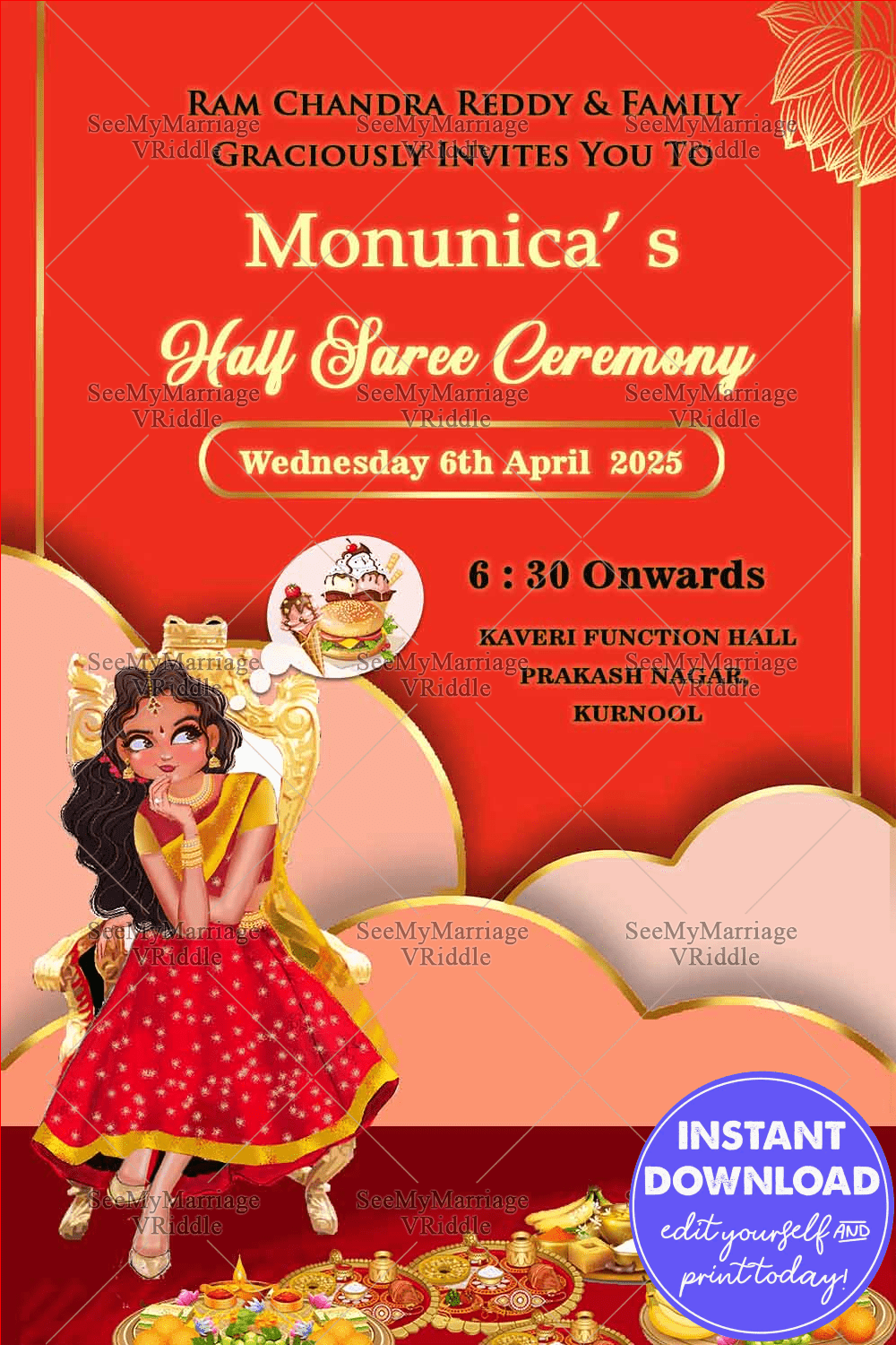 Girl Thinking cartoon theme half saree Invitation card