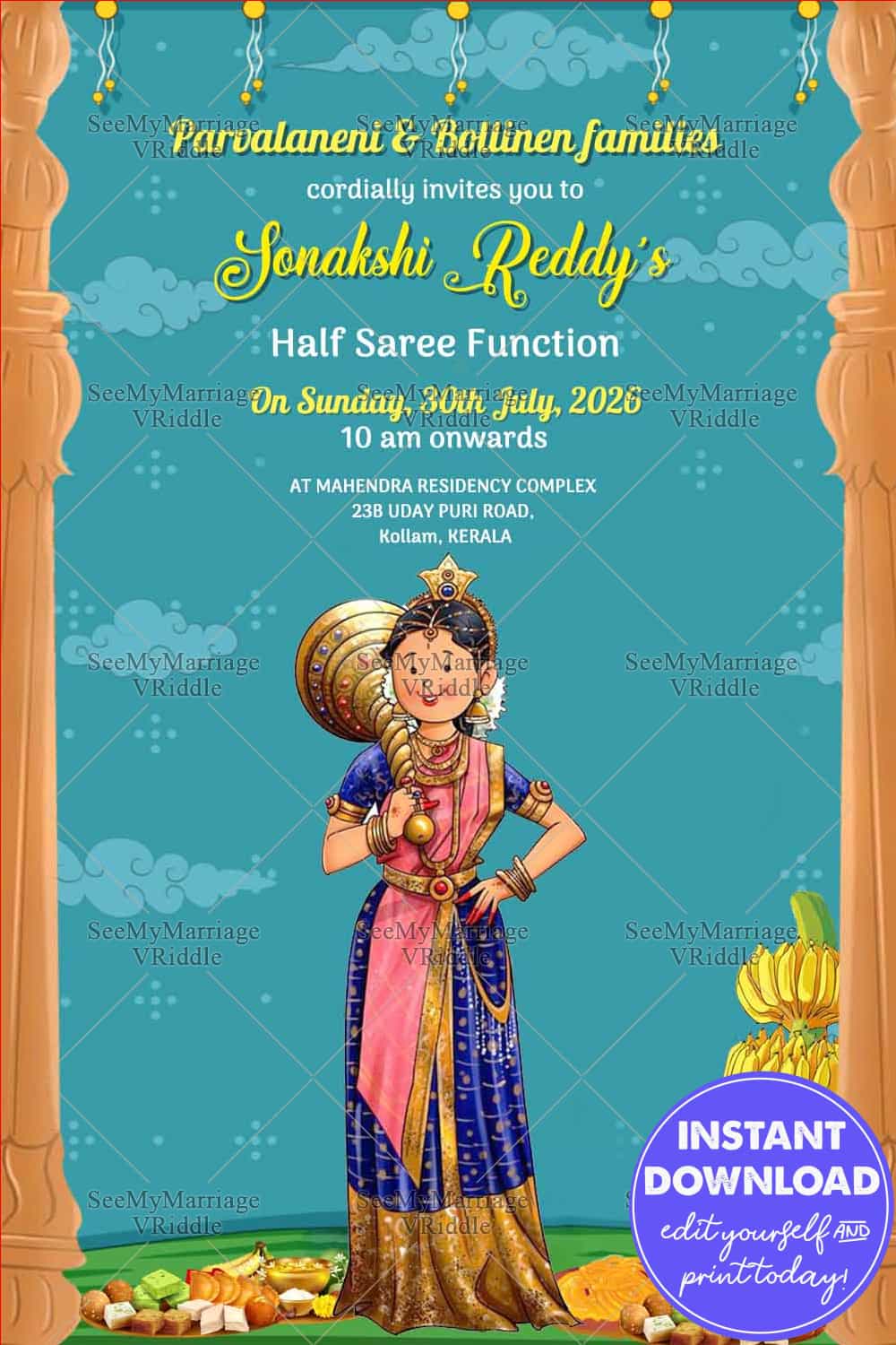 Girl with Gadha theme Half Saree function Invitation card