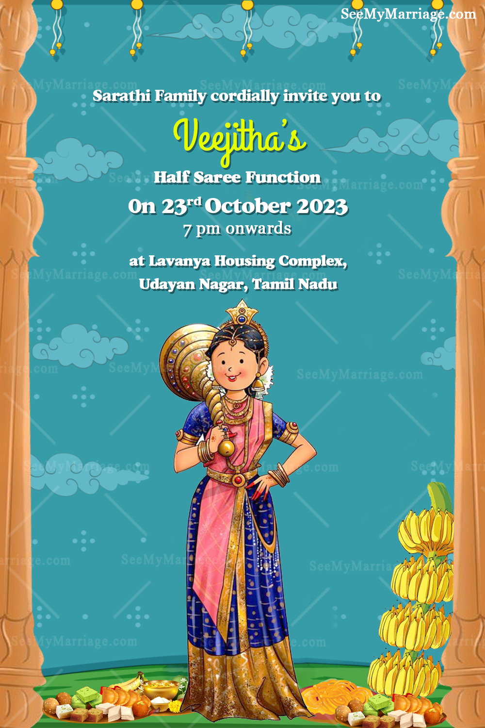 Girl with Gadha theme Half Saree function Invitation card
