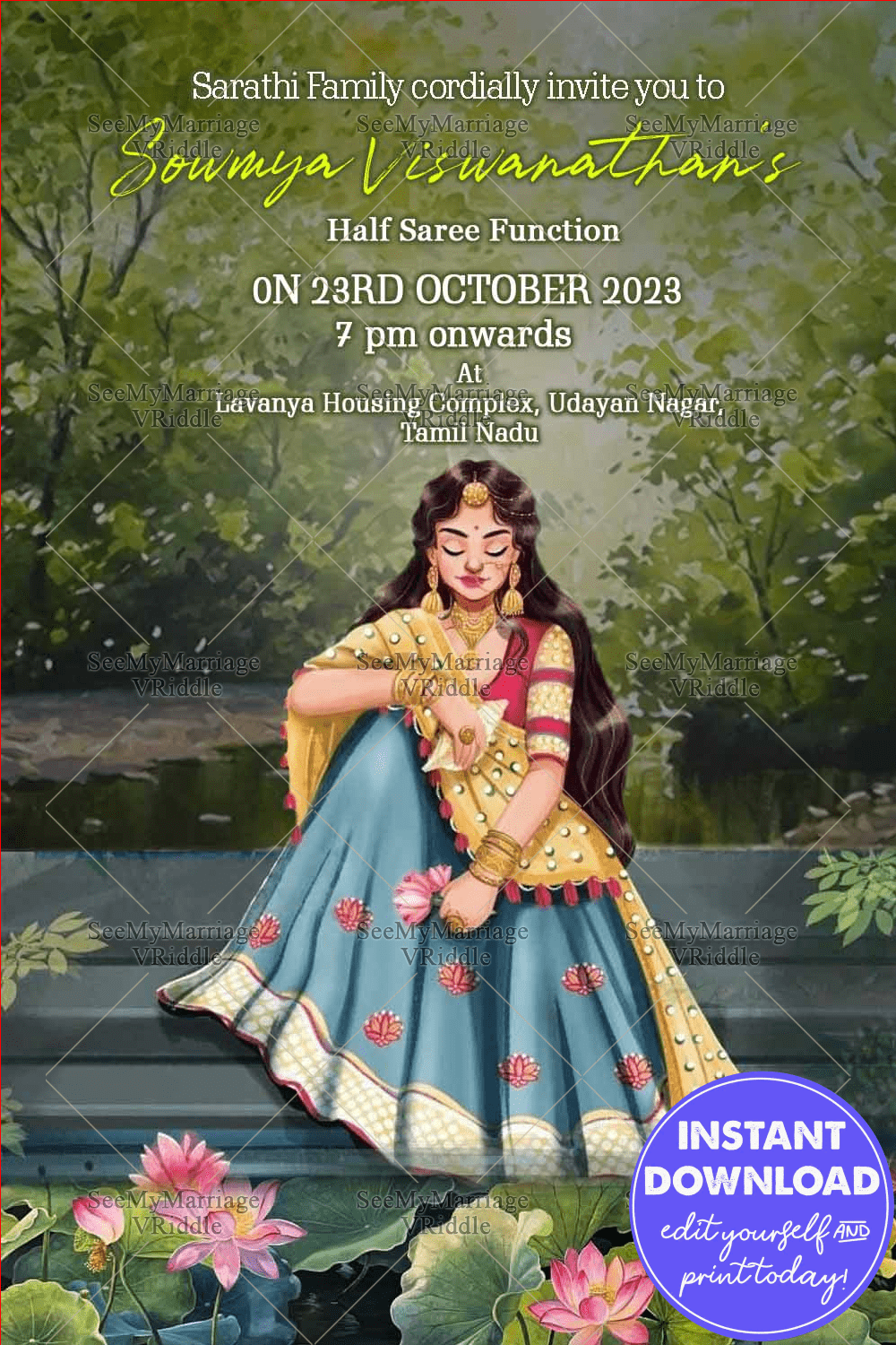 Hindu Royal Theme Half Saree function Invitation card