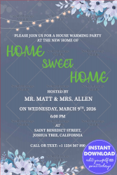 House Warming Invitation In Blue Colour With Mauve Chrysanthemums And String Lights