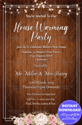 House Warming Party Invitation On Brown Weathered Wooden Boards Decorated With Yellow String Lights