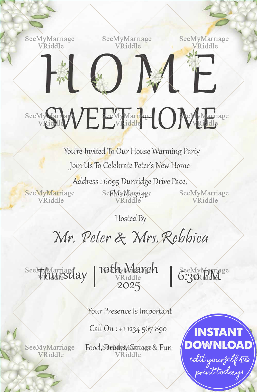 House warming Party Invitation With White Marble Backdrop And Magnolia Flower Bouquets