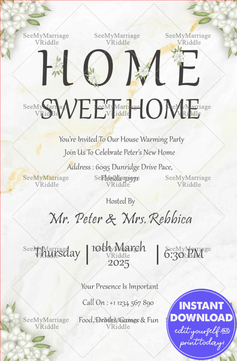 House warming Party Invitation With White Marble Backdrop And Magnolia Flower Bouquets