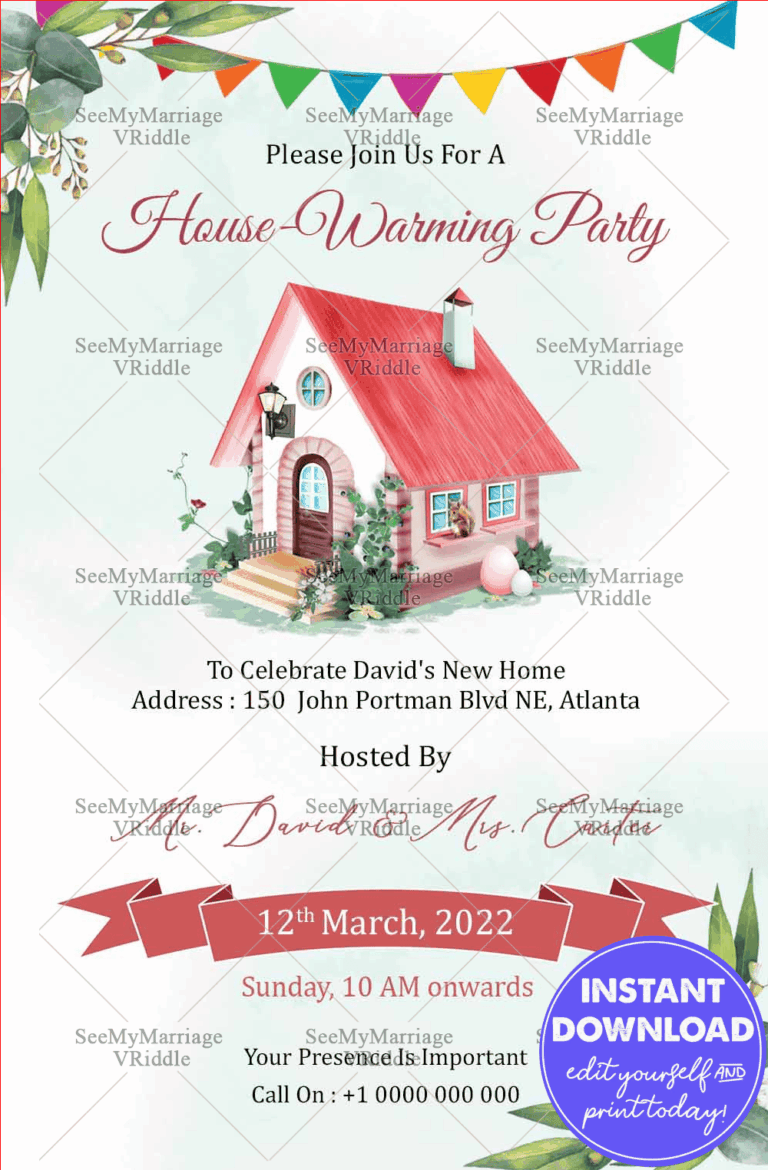 Invitation For House Warming Having Cream Theme Cottage With Pink Roof And Flower Bouquets