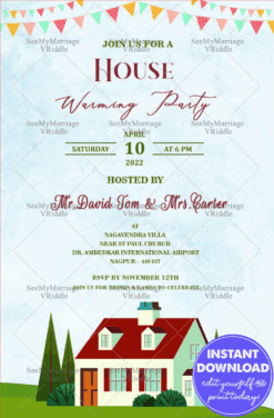 Invitation For House Warming Party With Blue Sky White Mansion And Green Lawn