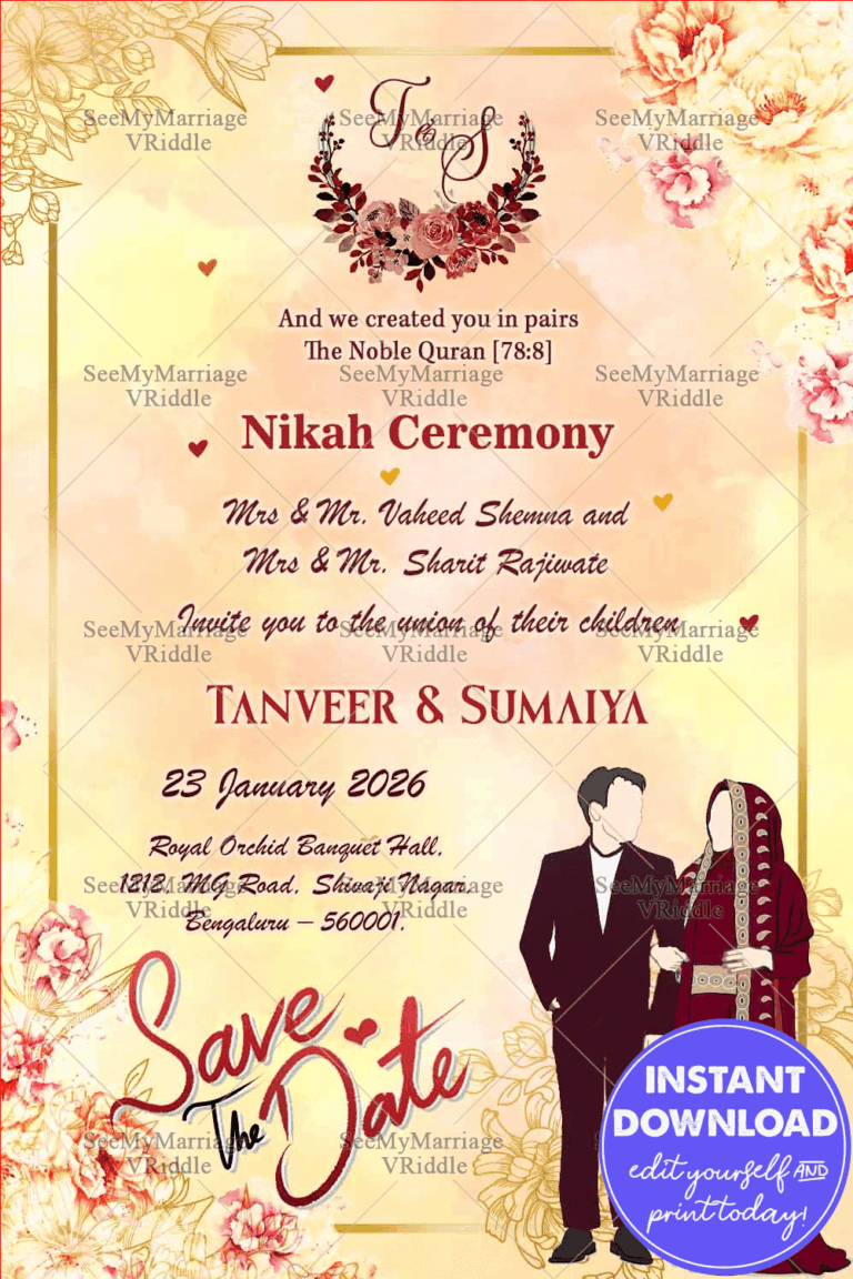 Islamic Save The Date Invitation With Couple Vector Illustration In Light yellowish Background