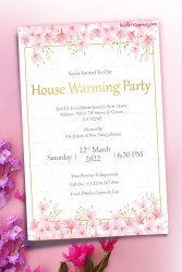 White Theme House Warming Party Invitation With Pink Periwinkle Flowers
