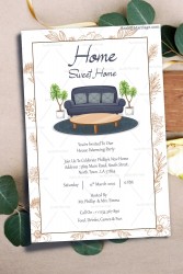 Quirky Invitation Card For House Warming Party With A Comfy Dark Blue Sofa
