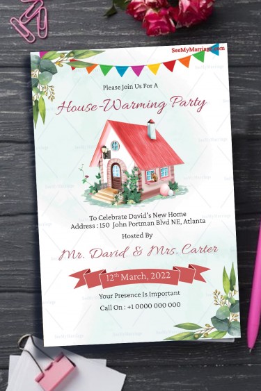 Invitation For House Warming Having Cream Theme Cottage With Pink Roof And Flower Bouquets