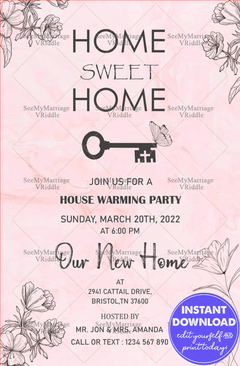 Key To My Home Sweet Home Themed Pink Invitation For House Warming Party