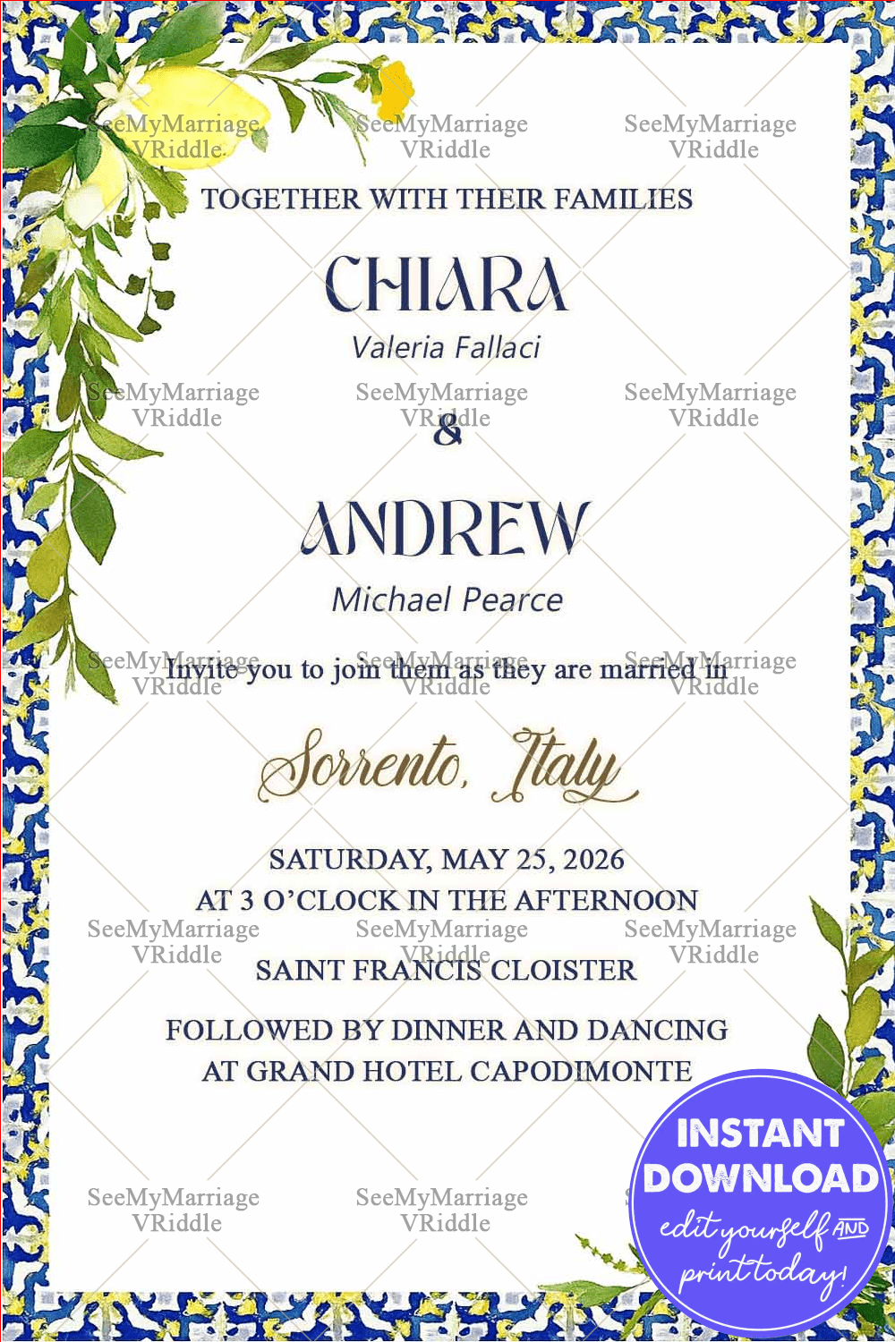 Lemon Blue Yellow Watercolor Illustrated Invitation
