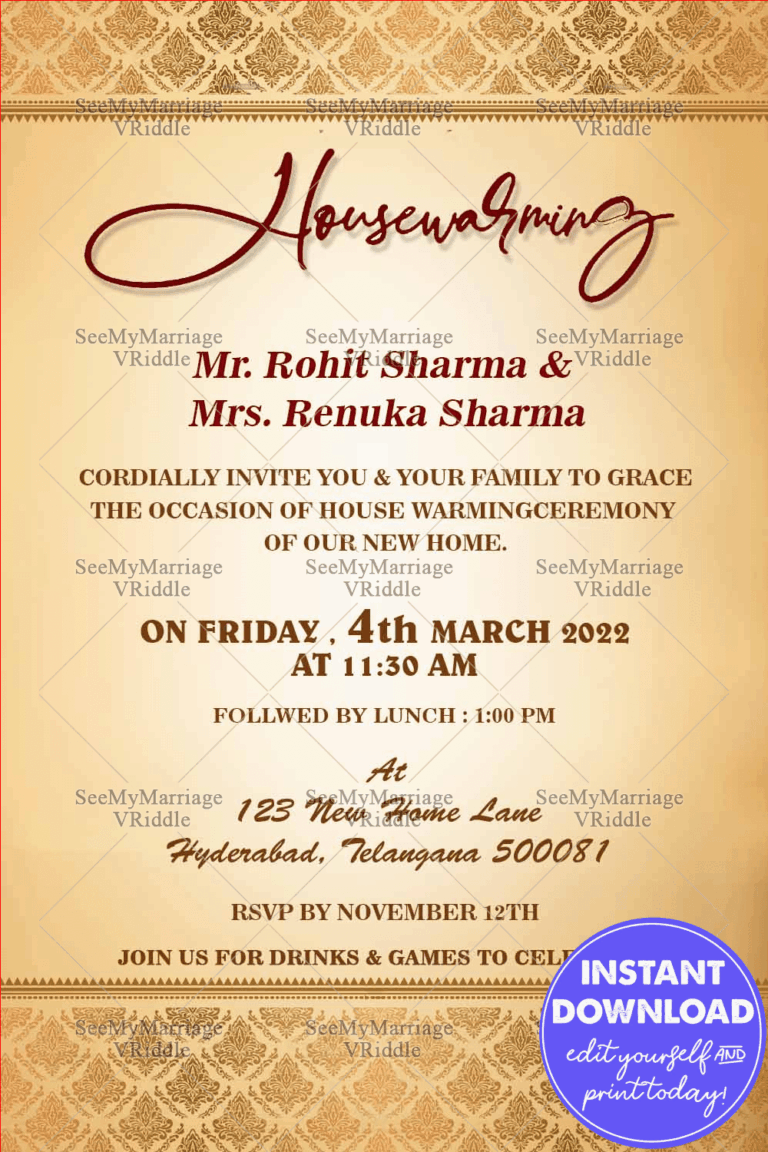 Light Cream Color Theme House Warming Invitation Card With Damask Design Border