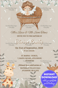 Little Boy Baptism Invitation Card With Cute Jungle Animals Theme