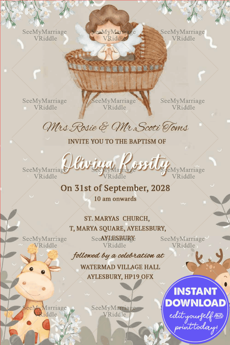 Little Boy Baptism Invitation Card With Cute Jungle Animals Theme