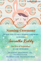 Mittu Doll Theme Naming Ceremony Invitation Card With Arc Pattern And Water Color Stars In Light Green Background