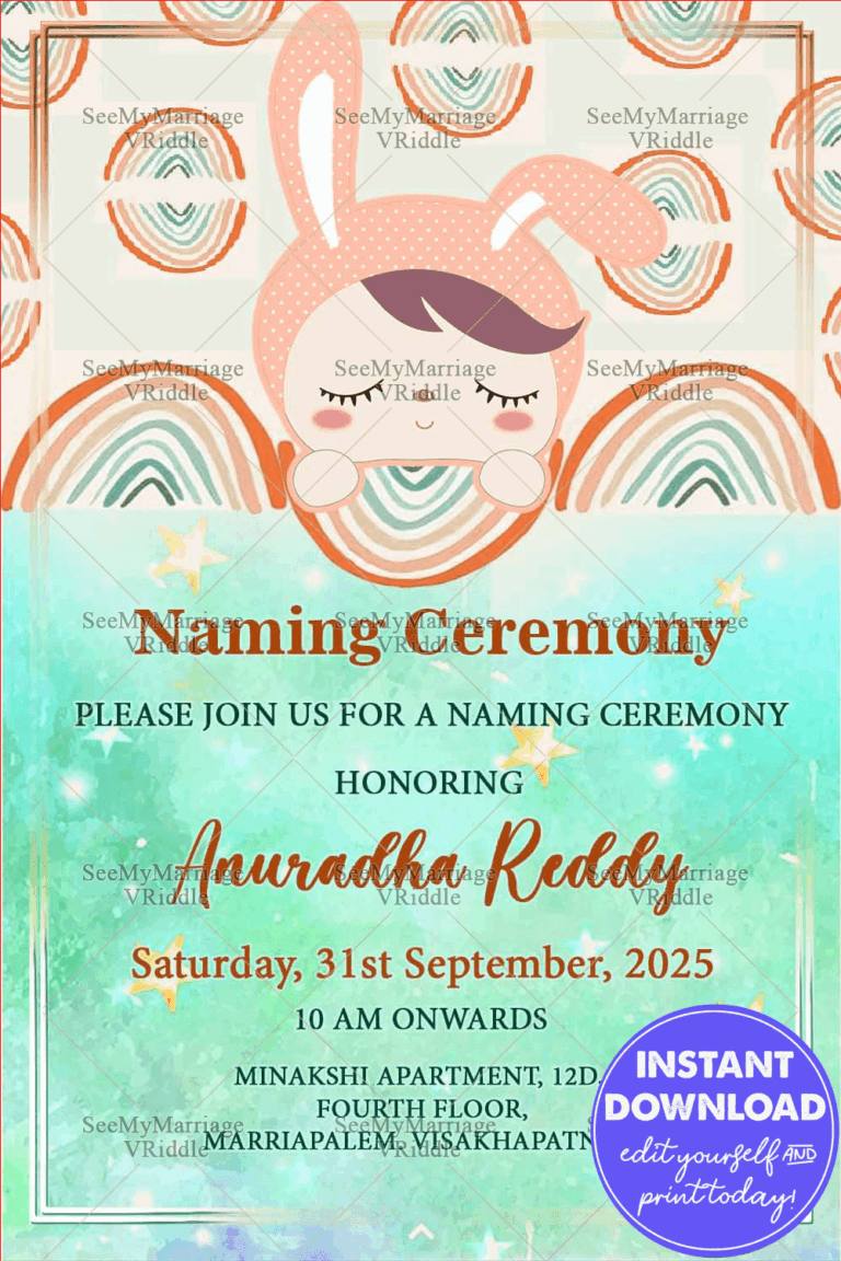 Mittu Doll Theme Naming Ceremony Invitation Card With Arc Pattern And Water Color Stars In Light Green Background