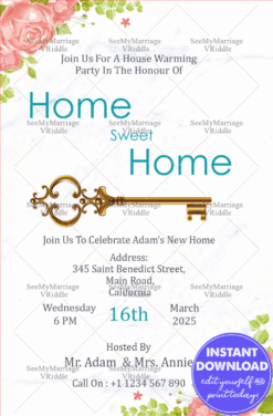 My Home Sweet Home Theme Invitation For House Warming Party With  Big Gold Key Floral Accents Made Of Pink Roses