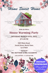 Opened A New Home Invitation For House Warming Party In Floral Theme With A Red Bricked House