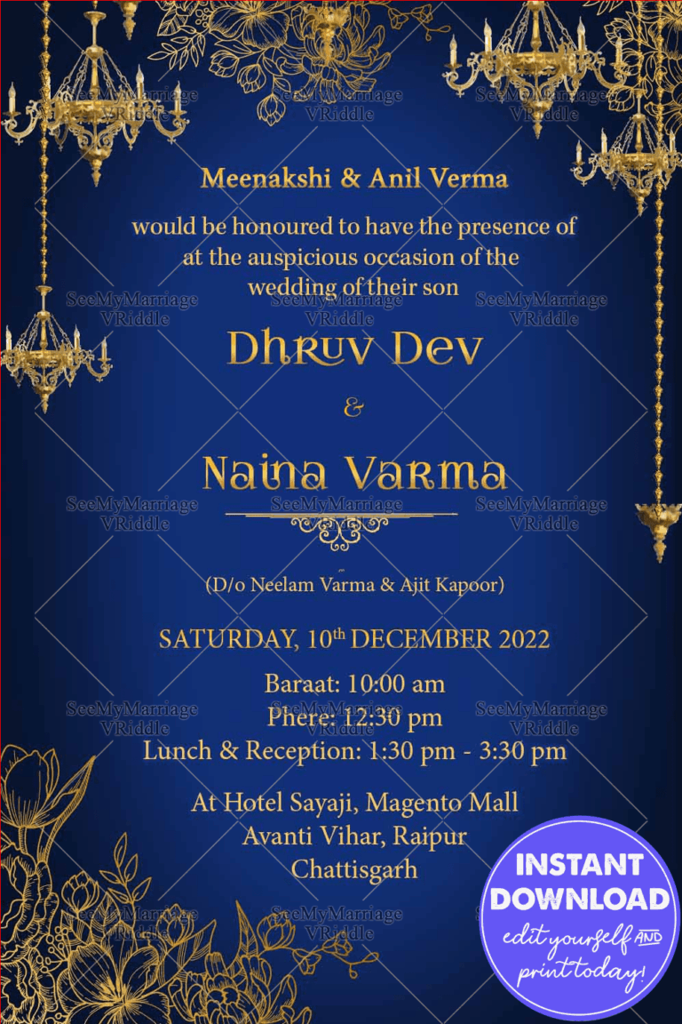 Persian Blue Theme Wedding Invitation Card With Hanging Decorative Lights And Golden Flowers