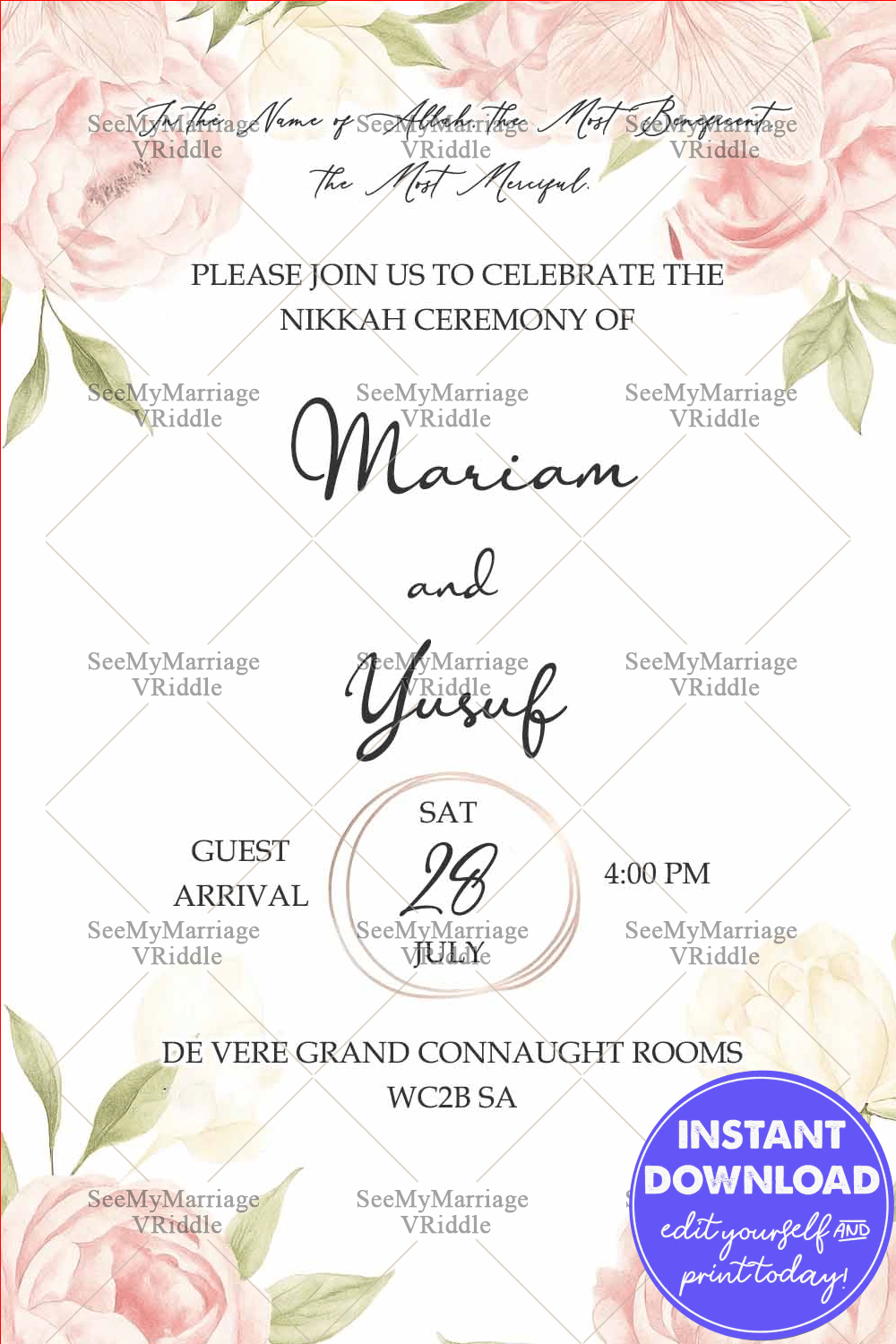 Pink Floral Foliage Nikkah Muslim Wedding Invitation