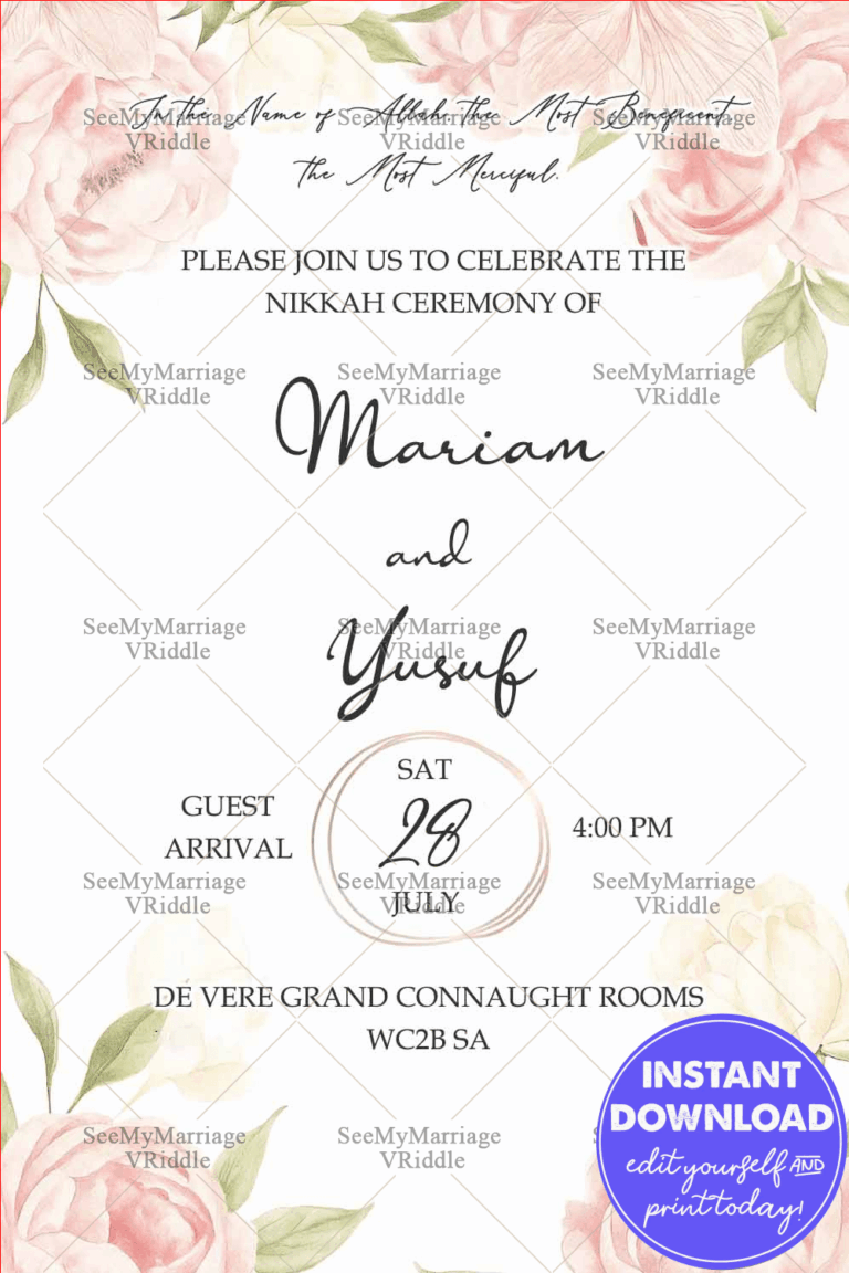 Pink Floral Foliage Nikkah Muslim Wedding Invitation