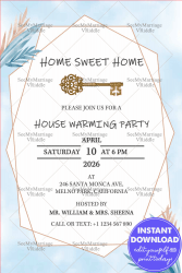 Powder Blue Coloured Watercolor Theme Invitation For House Warming Party With Big Golden Victorian Key card