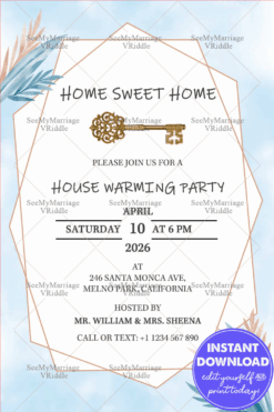 Powder Blue Coloured Watercolor Theme Invitation For House Warming Party With Big Golden Victorian Key