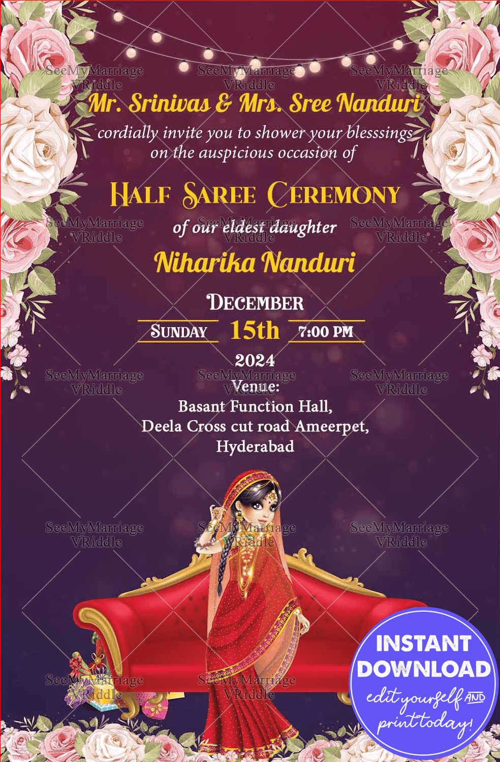 Purple Theme Floral Half Saree Invitation Card