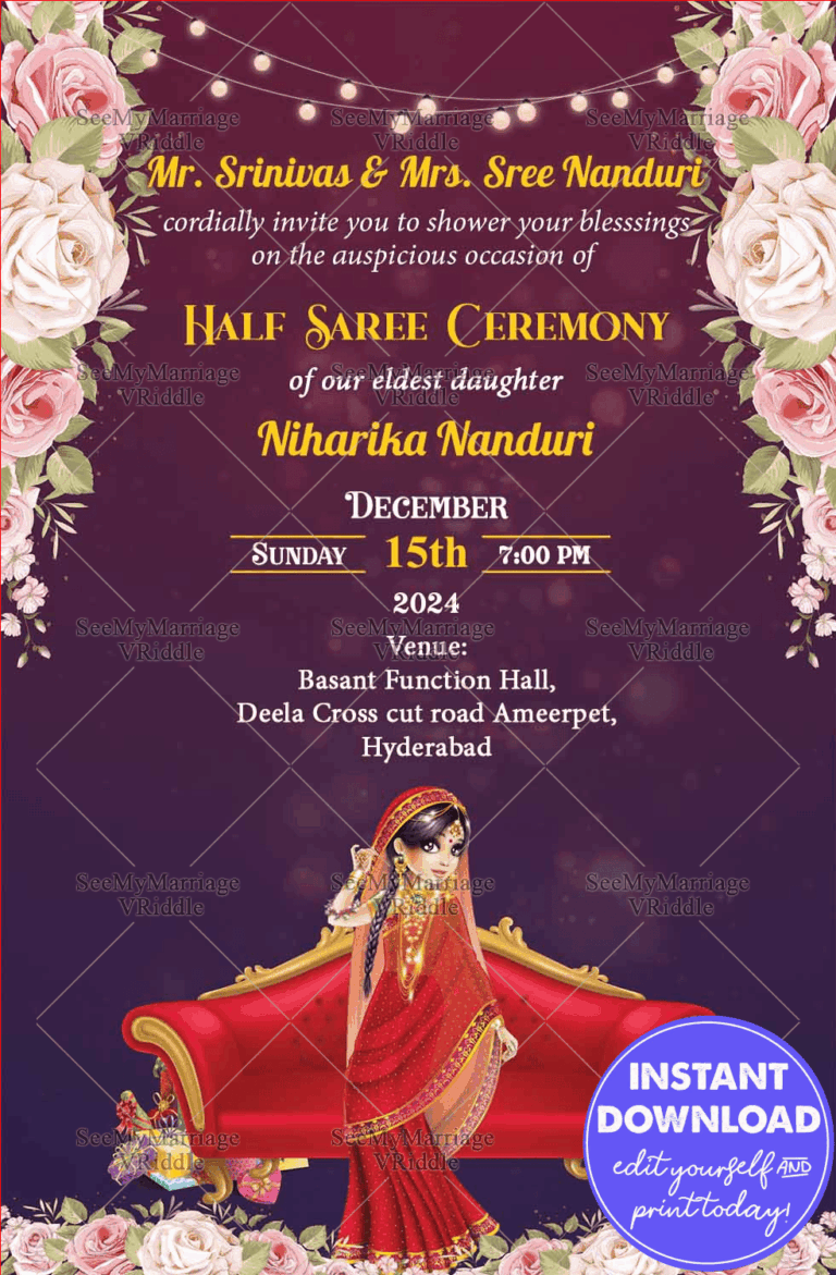 Purple Theme Floral Half Saree Invitation Card