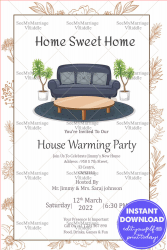 Quirky Invitation Card For House Warming Party With A Comfy Dark Blue Sofa